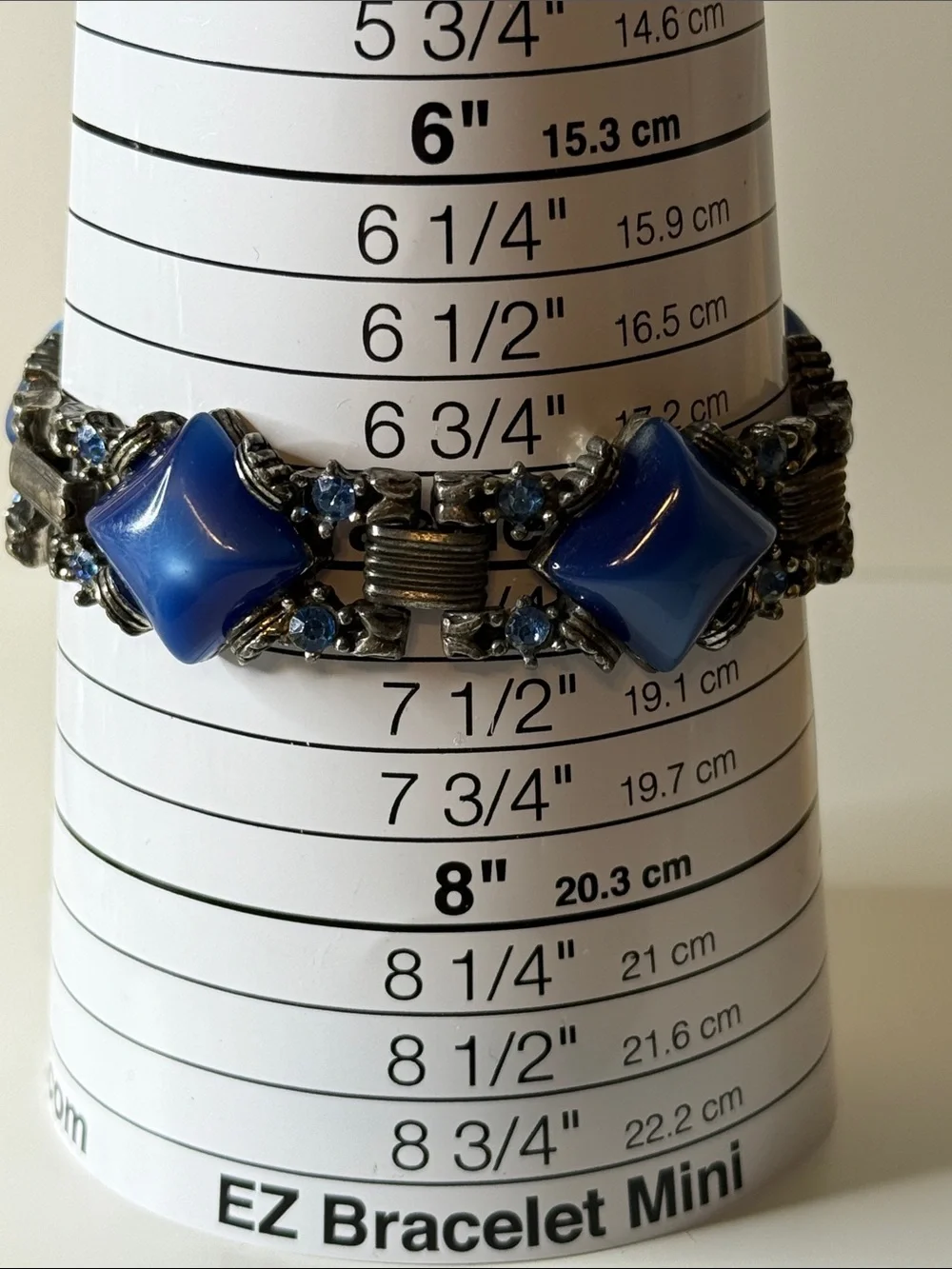Blue diamond shape moonglow rhinestone chunky gunmetal Vintage Bracelet art deco